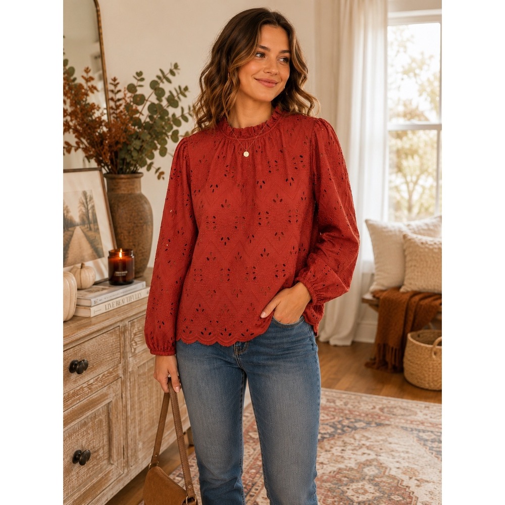 PrettyGarden XL Rust Eyelet Embroidered Cotton Blouse Ruffle Neck Boho Cottage